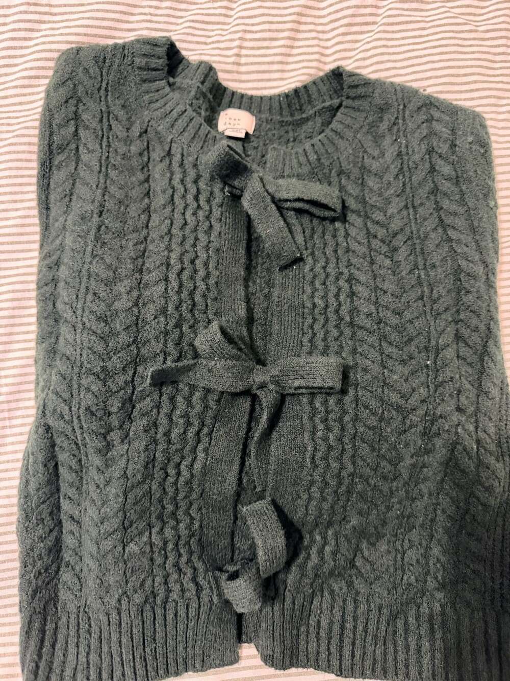 A New Day Cardigan Sweater Size XXL Green Cable Knit Bow Tie-Front